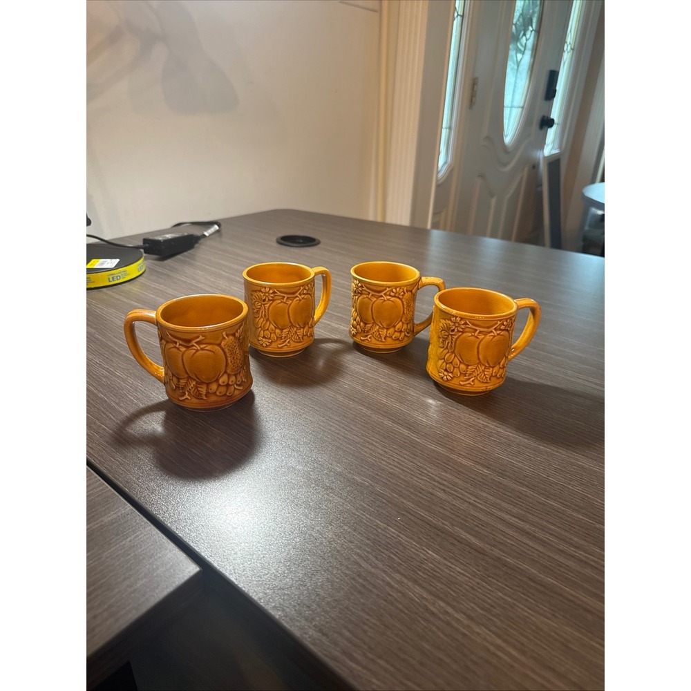 Vintage Harvest Japan R6833 Amber Yellow Fruit Embossed Mugs Set of 4 Retro 70s